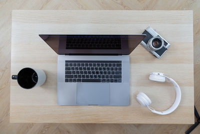 High angle view of laptop on table