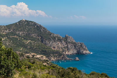 Scenic view of sea and mountains against sky