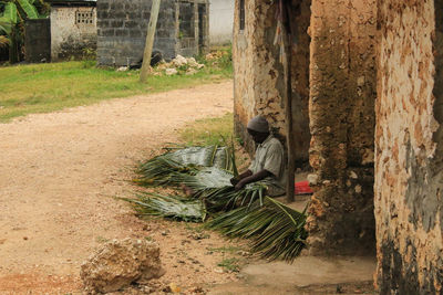 Side view of man sitting on tree trunk in forest