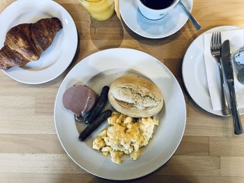 High angle view of breakfast served on table