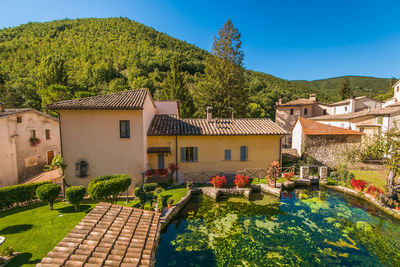 Summer view of rasiglia village in umbria called the little venice