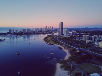 High angle view of buildings against sky during sunset