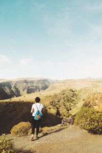 Rear view of man standing on landscape against sky