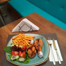 High angle view of food served on table