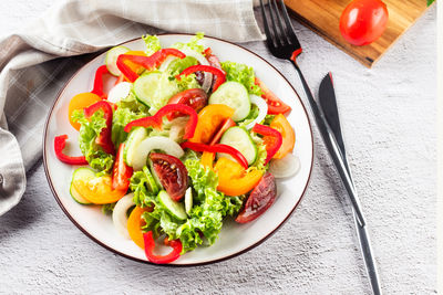 High angle view of food in plate on table