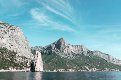 Scenic view of sea by mountain against sky