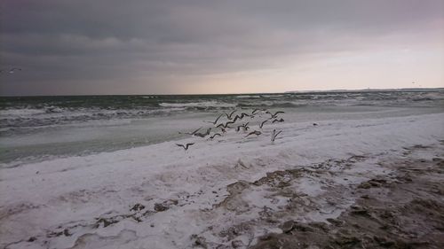 Scenic view of beach against sky during sunset