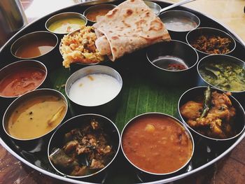 High angle view of food served on table