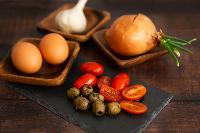 High angle view of vegetables on table