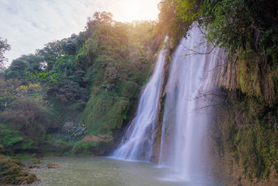 Scenic view of waterfall in forest against sky