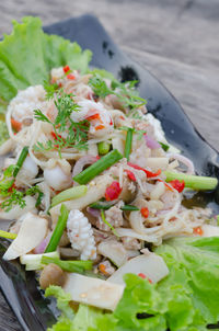 High angle view of chopped vegetables in plate
