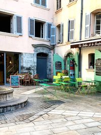 Footpath by buildings in city