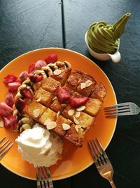 High angle view of breakfast served on table