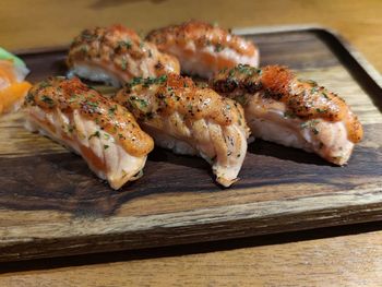 High angle view of meat in plate on table