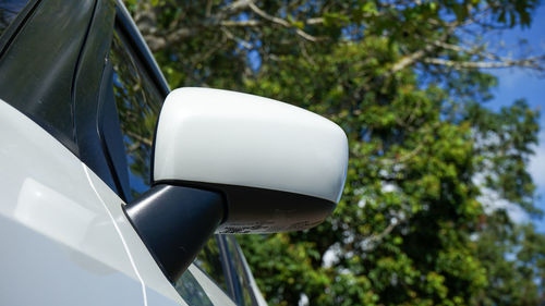 Close-up of side-view mirror of car