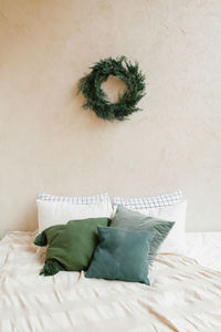 Bright, stylish and cozy scandinavian bedroom. new year's winter home interior decor. simple 