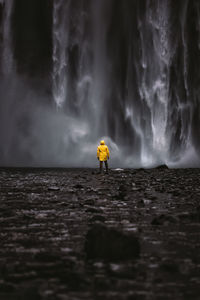 Rear view of man standing at waterfall