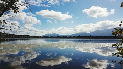 Scenic view of lake with reflection against cloudy sky