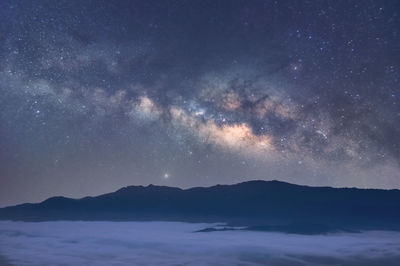 Scenic view of mountains against sky at night