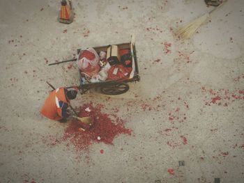 Close-up high angle view of messy floor