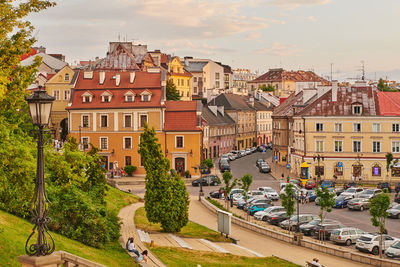 High angle view of buildings in city