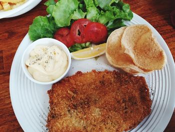 High angle view of breakfast served on table