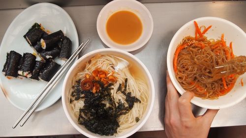 High angle view of breakfast served on table