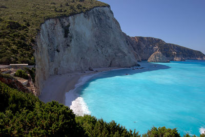 Scenic view of sea by cliff