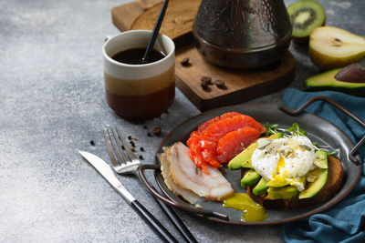 High angle view of breakfast on table