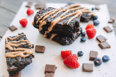 High angle view of chocolate cake on table