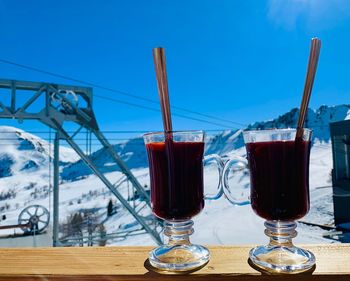 Close-up of drink on table against clear blue sky