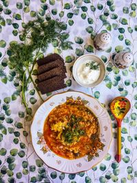 High angle view of meal served on table
