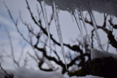 Low angle view of snow against sky