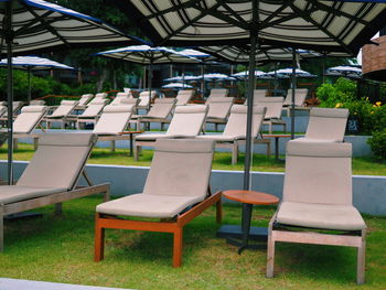 Empty chairs and table against trees