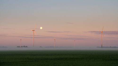 Wind turbines on fields with the moon in the background