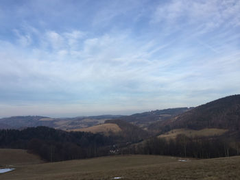 Scenic view of landscape and mountains against sky