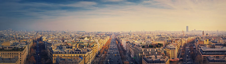 High angle view of cityscape against sky during sunset