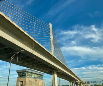 Low angle view of bridge against blue sky