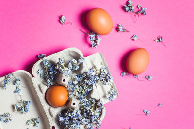 Close-up of eggs and flowers in carton on pink background