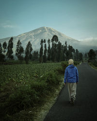 Rear view of woman walking on road