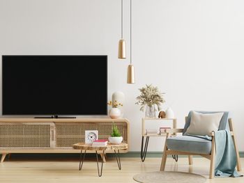 Tv cabinet and display with white wall.3d rendering