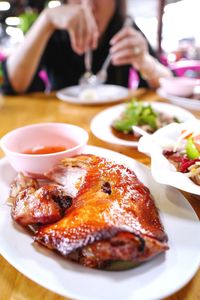 Close-up of meal served on table in restaurant