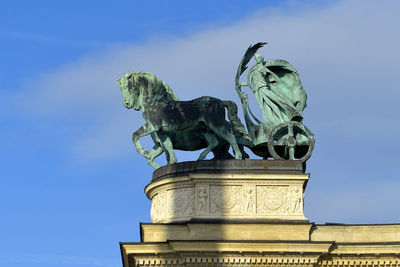 Low angle view of angel statue against blue sky