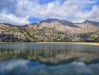 Scenic view of lake and mountains against sky