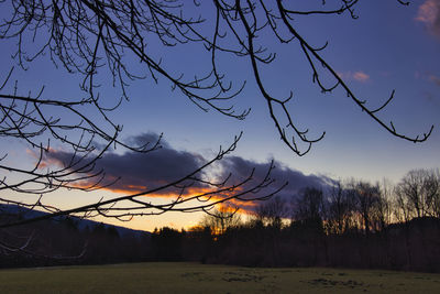 Silhouette bare trees on landscape against sky during sunset