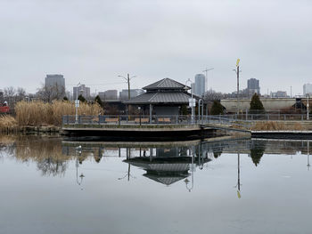 Reflection of building in lake against sky