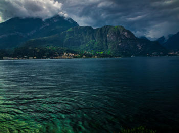 Scenic view of lake and mountains against sky