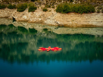 Red floating on water in lake