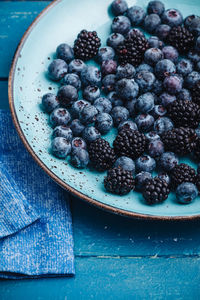 High angle view of blackberries in bowl