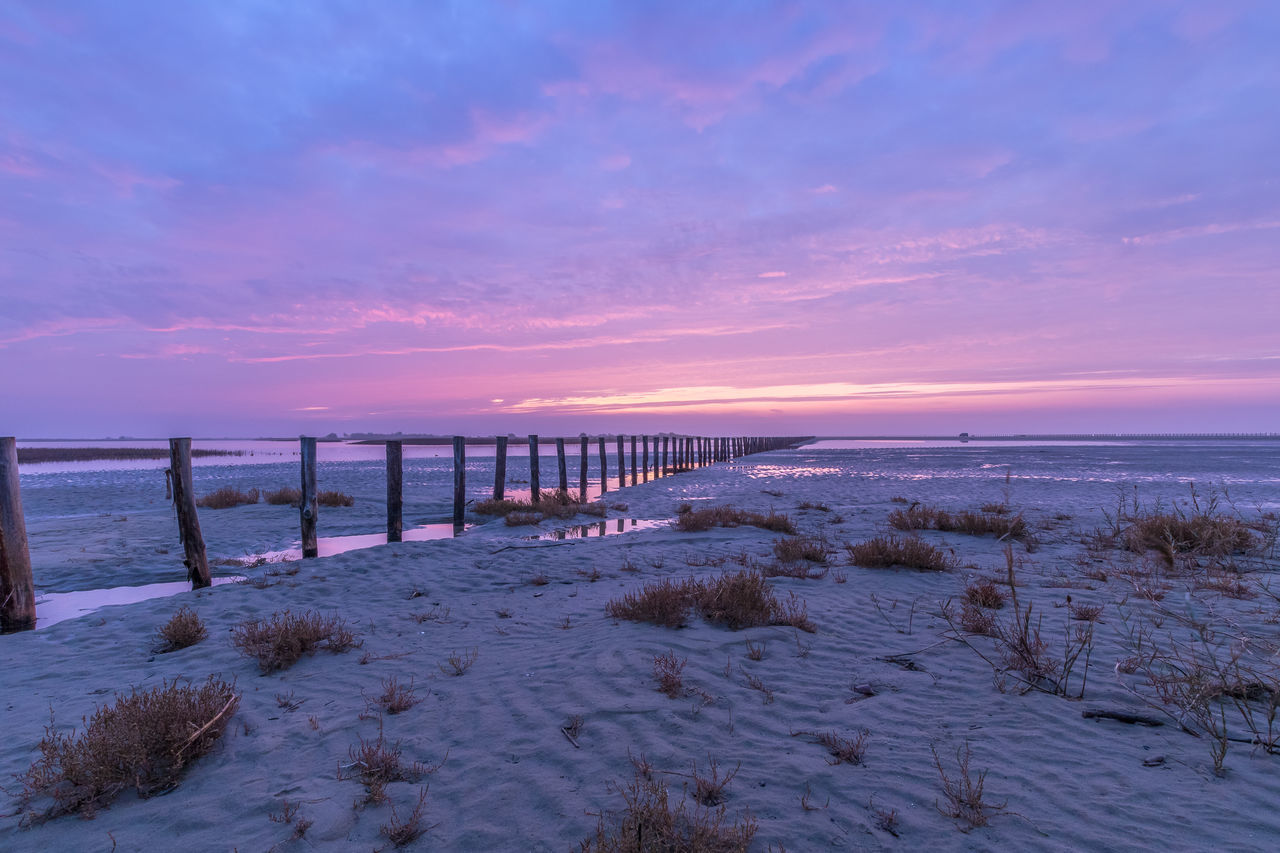 sky, water, sea, scenics - nature, sunset, beauty in nature, horizon over water, horizon, beach, tranquil scene, tranquility, land, cloud - sky, nature, idyllic, no people, non-urban scene, pier, wood - material, outdoors, wooden post, purple, groyne